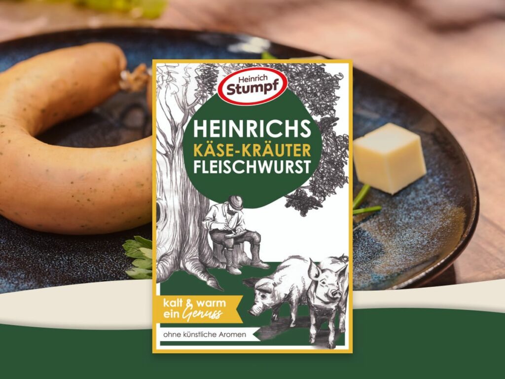 Heinrichs Käse-Kräuter Fleischwurst mit Käsenote und Anteilen aus Schnittlauch und Petersilie.